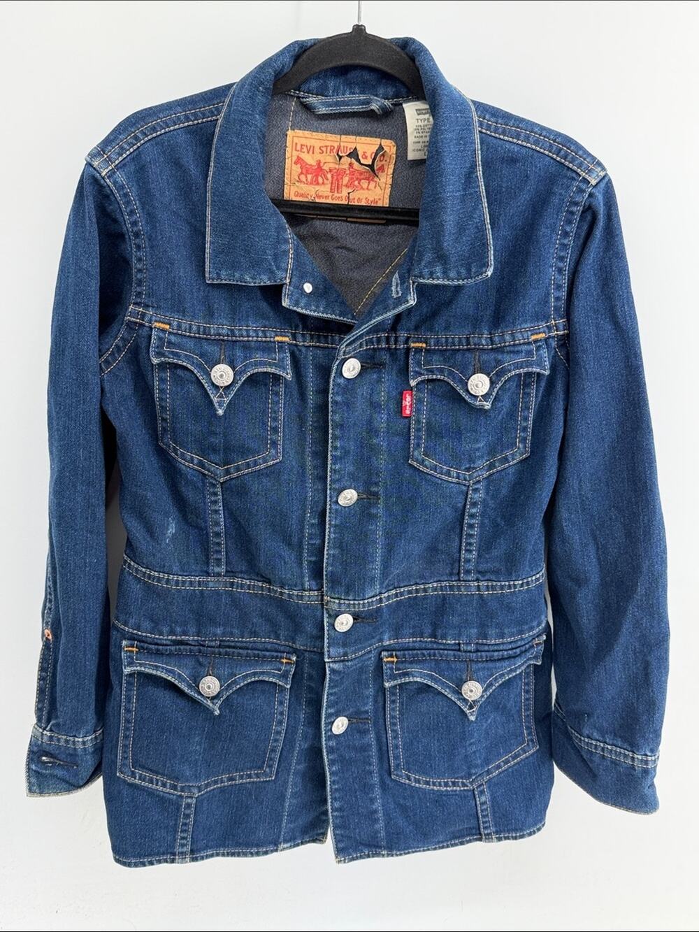 Levi’s Type 1 Iconic Y2K western yoke long line denim jean jacket sz L Long